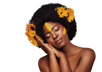 Beauty, skincare and a black woman with flowers in her hair isolated on transparent background. Relax, wellness and eyes closed with a natural young model on PNG for calm, quiet or peaceful self care