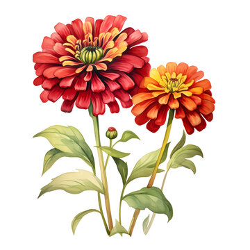 watercolor zinnias red orange flowers white background clip art preview