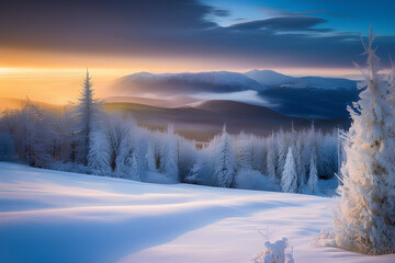 Fototapeta na wymiar winter sunset in the mountains Generative AI