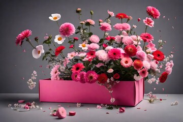Pink gift box with various flowers on grey background. Flying flowers from the box. 