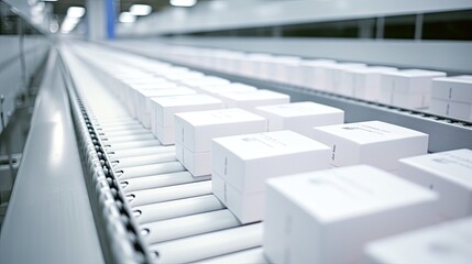 Obraz premium Cardboard boxes move along a conveyor belt in a warehouse. The concept of packaging, storage, distribution of orders in commercial activities. Illustration for advertising, marketing or presentation.