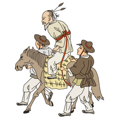 police carrying criminals. convoy. korean tranditional illustration