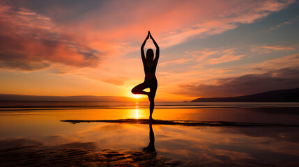 Silhouette of a girl against a colorful sunset, Yoga concept