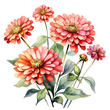 watercolor bouquet of coral zinnias clip art preview