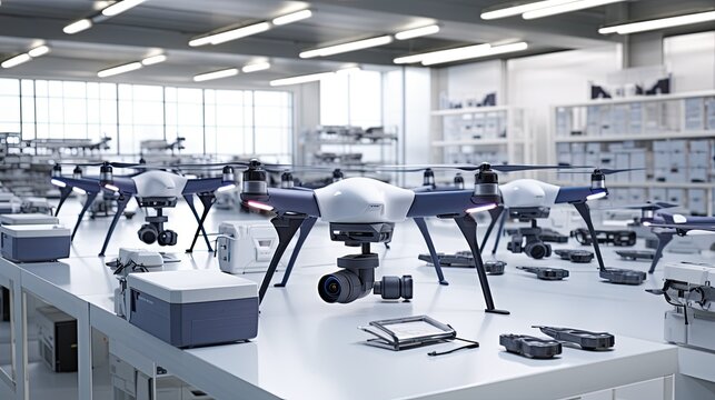 Teaching models of a copter or drone on a table. Engineering Technology. High-tech flying equipment with a camera. Illustration for banner, poster, cover, brochure or presentation.