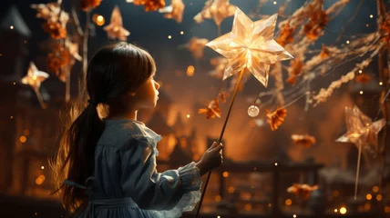 Fotobehang a girl with magic wand, stars shining, hopeful aura. © LomaPari2021