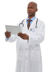 Tablet, healthcare and black man doctor doing research for diagnosis or treatment with career. Digital technology, medical and African surgeon on the internet isolated by transparent png background.