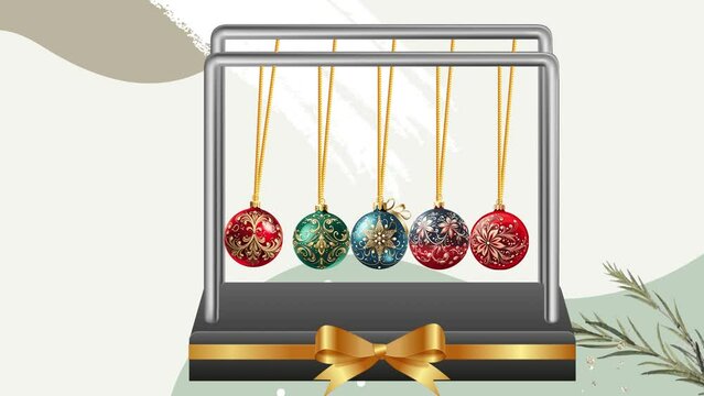 Christmas Newton's Cradle.  Morphing video of  Newton's Cradle made of  round Christmas ornaments.