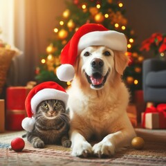 dog and a cat sitting together with santa hats at christmas generative ai