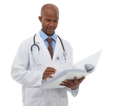 Documents, medical and black man doctor doing research for diagnosis or treatment with career. Paperwork, healthcare and African male surgeon on the internet isolated by transparent png background.