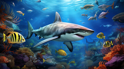 Obraz premium a shark swimming in the ocean with many fish
