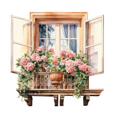 Vintage watercolor old European balcony window with flowers