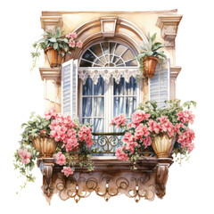 Fototapeta na wymiar Vintage watercolor old European balcony window with flowers