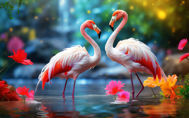 two flamingos standing in a pond with flowers
