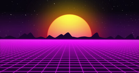 Setting sun behind mountain range over pink grid