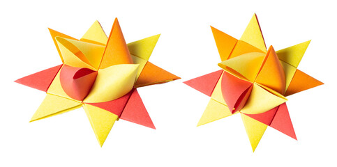 Orange and yellow Origami Star, isolated on white or transparent background cutout.