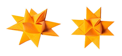 Orange Origami Star, isolated on white or transparent background cutout.