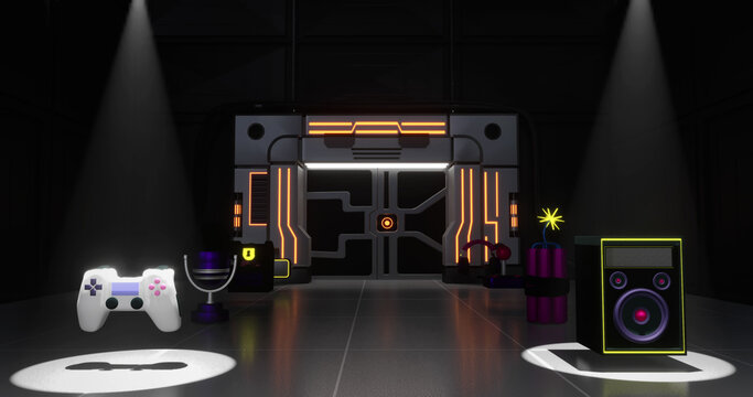 Gamepad and speaker hovering under spotlights futuristic room with electronic security door - Powered by Adobe