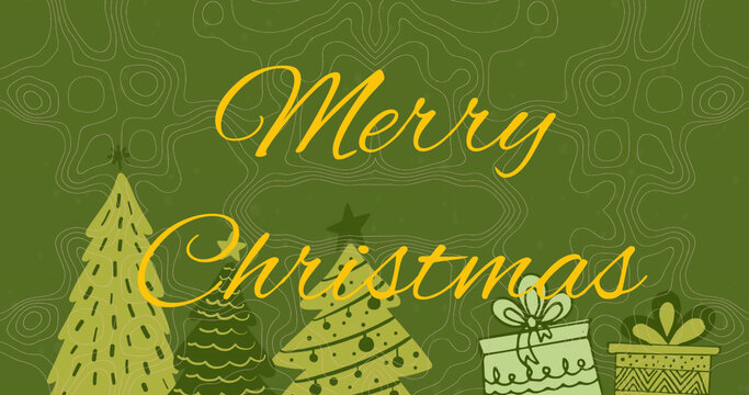 Image of merry christmas text with trees and gift boxes over abstract pattern