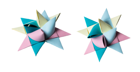 Pink, blue and yellow Origami Star, isolated on white or transparent background cutout.