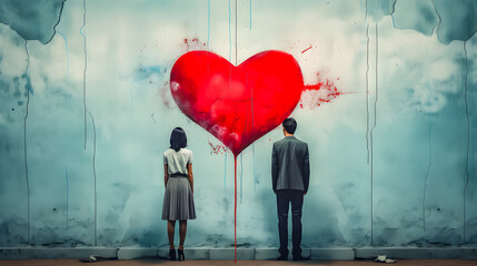 Couple d'amoureux devant un mur ou est dessiné un gros coeur rouge