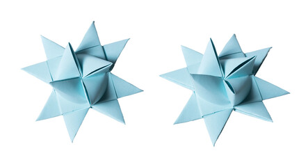 Light blue Origami Star, isolated on white or transparent background cutout.