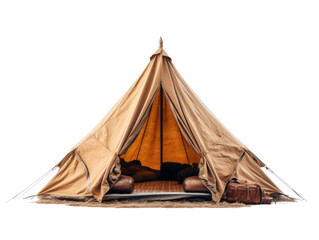 A vibrant camping tent set up on a plain transparent background. Ideal for product placement.