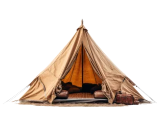 Poster Im Rahmen A vibrant camping tent set up on a plain transparent background. Ideal for product placement. © Jan
