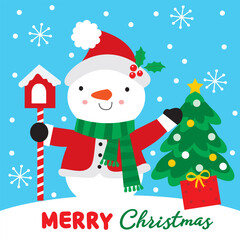 Cute Snowman with Christmas Tree and Gift
