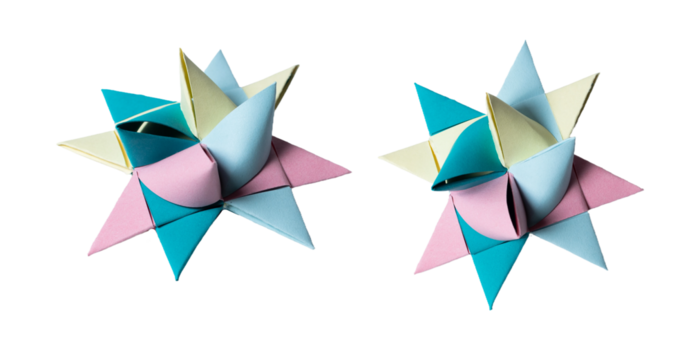 Pink, blue and yellow Origami Star, isolated on white or transparent background cutout.