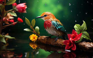 a bird sitting on a branch with flowers