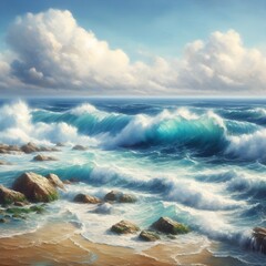 Oil painting seascape large wave blue-green color light blue white clouds sandy color rocks visible. Sea on canvas. - obrazy, fototapety, plakaty