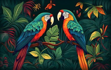 Tropical birds resting on branches, Generative AI