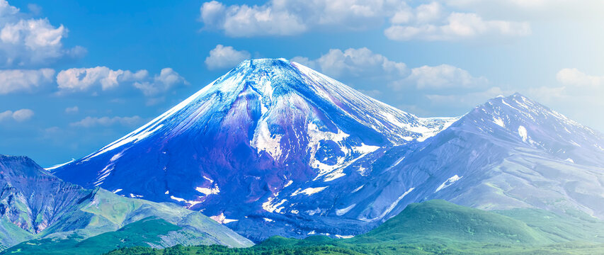 Avachinsky volcano in Kamchatka in the autumn with a snow covered top