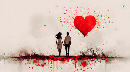 Couple d'amoureux avec un gros coeur rouge dans le ciel