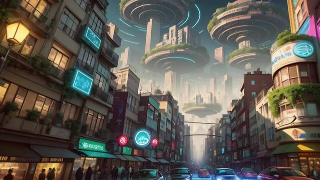Cyberpunk cityscape. Cyberpunk metropolis with futuristic technologies, cars, buildings and peoples at night. Futuristic animation with transformations. AI generated cinematic video