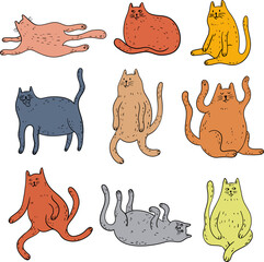 Set of cute cartoon cats. Hand drawn illustration in doodle style isolate on white collection.