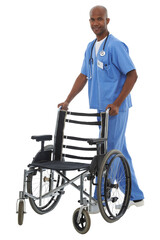 Black man, portrait and nurse with wheelchair for healthcare, assistance or help isolated on a...