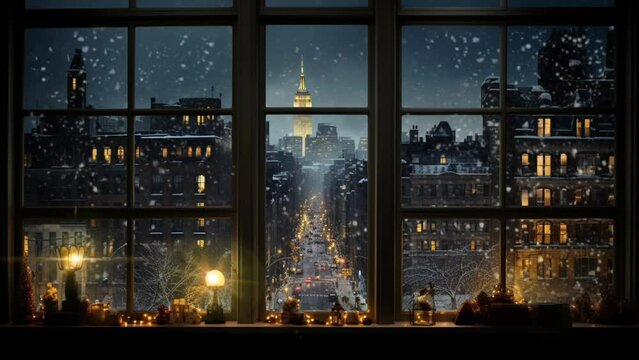 Winter Snowfall View From An Apartment Window. Seamless Looping Virtual Time Lapse Video Background Animation. Generated With AI