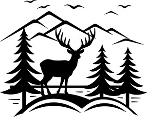 Mountain landscape with deer and river silhouette icon in black color. Vector template.