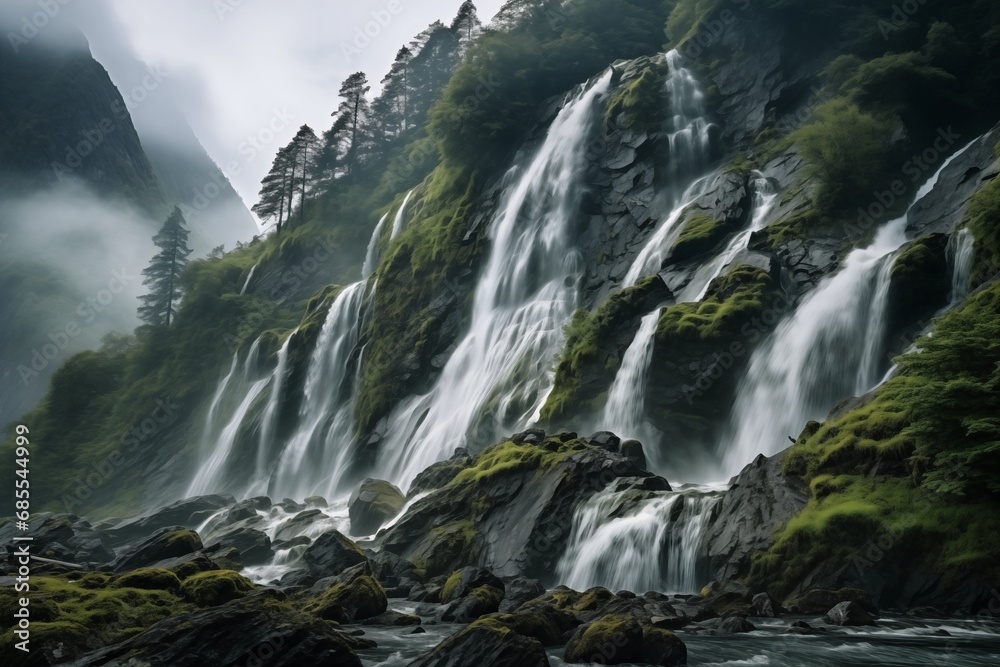 Wall mural Majestic waterfalls cascade down a lush mountain amidst mist, surrounded by greenery and rocks. - Wall murals