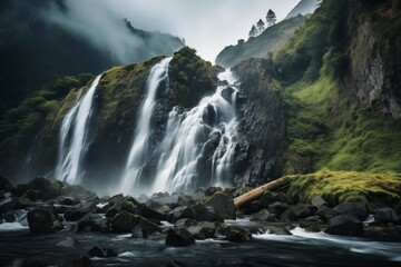 Obraz premium Majestic waterfall cascading down a lush, misty cliff with rocks in the foreground.
