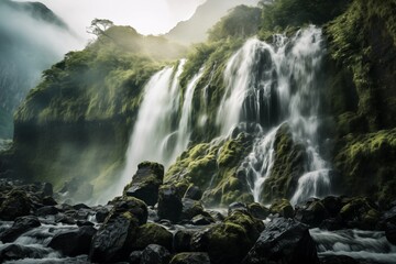 Obraz premium Majestic waterfall cascading over lush green cliffs with mist and sunlight, serene nature backdrop.