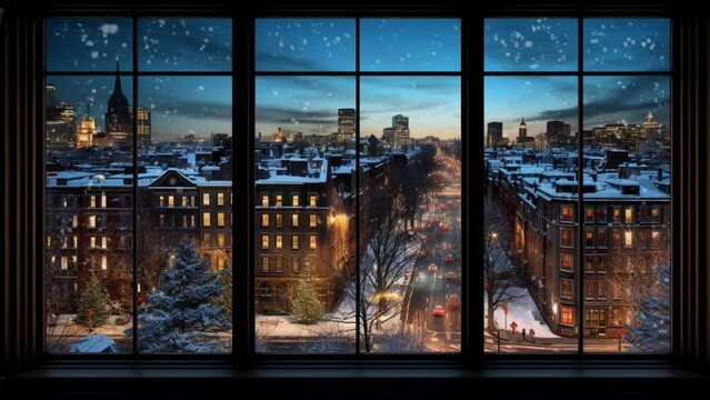 Winter snowfall view from an apartment window. Seamless looping virtual time lapse video background animation. Generated with AI
