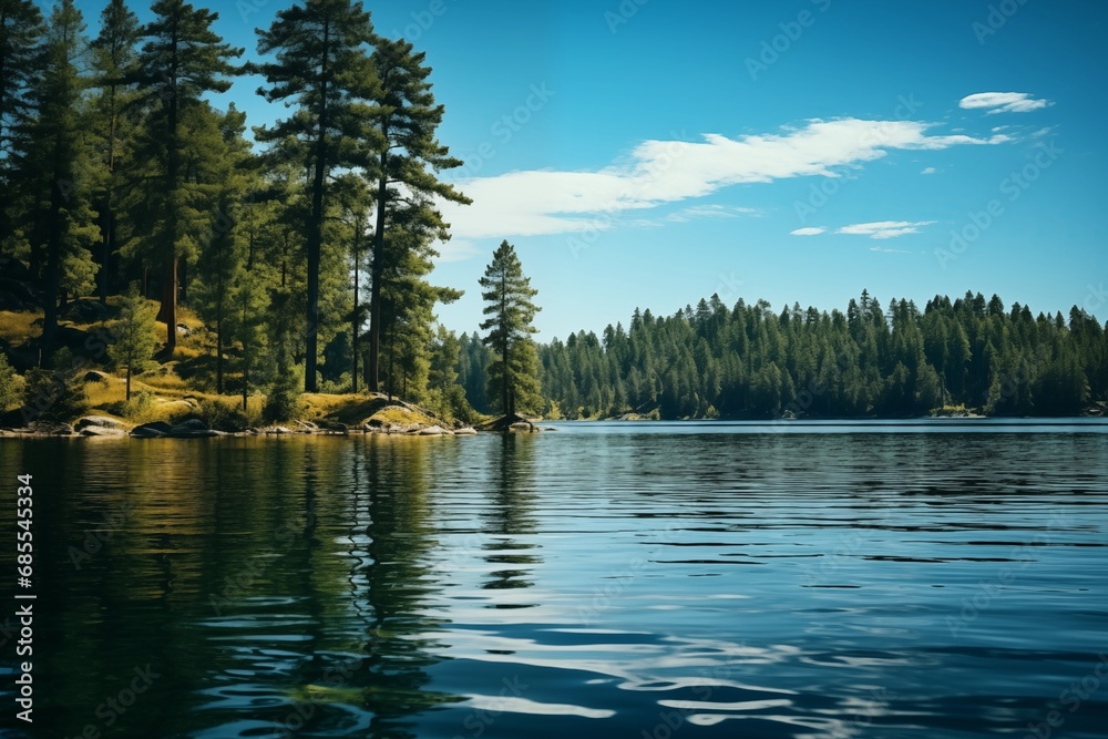 Wall mural Tranquil lake with clear waters, surrounded by lush pine trees under a blue sky.