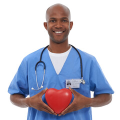Happy black man, portrait and doctor for heart, health and wellness isolated on a transparent PNG...