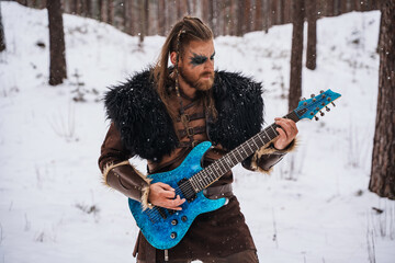 A Viking-inspired musician plays an electric guitar in a snowy forest, embodying a fusion of...