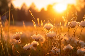 Golden sunset over a tranquil field with blooming wildflowers and tall grasses, evoking a warm, peaceful summer evening. - obrazy, fototapety, plakaty