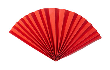 Handmade paper red asian fan, isolated on white or transparent background cutout.
