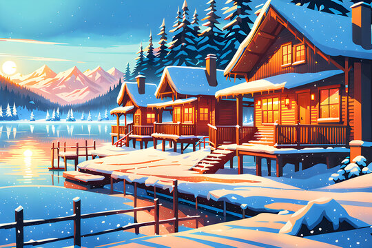 Scenery of snow-covered cabins and bonfires with warm sunlight shining on the lake Generative AI